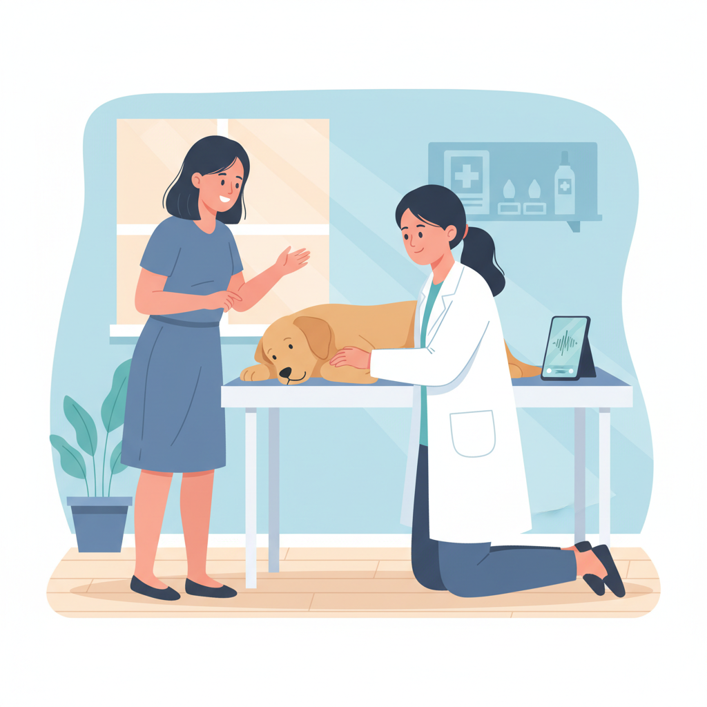 Vet examining a dog while talking to pet owner